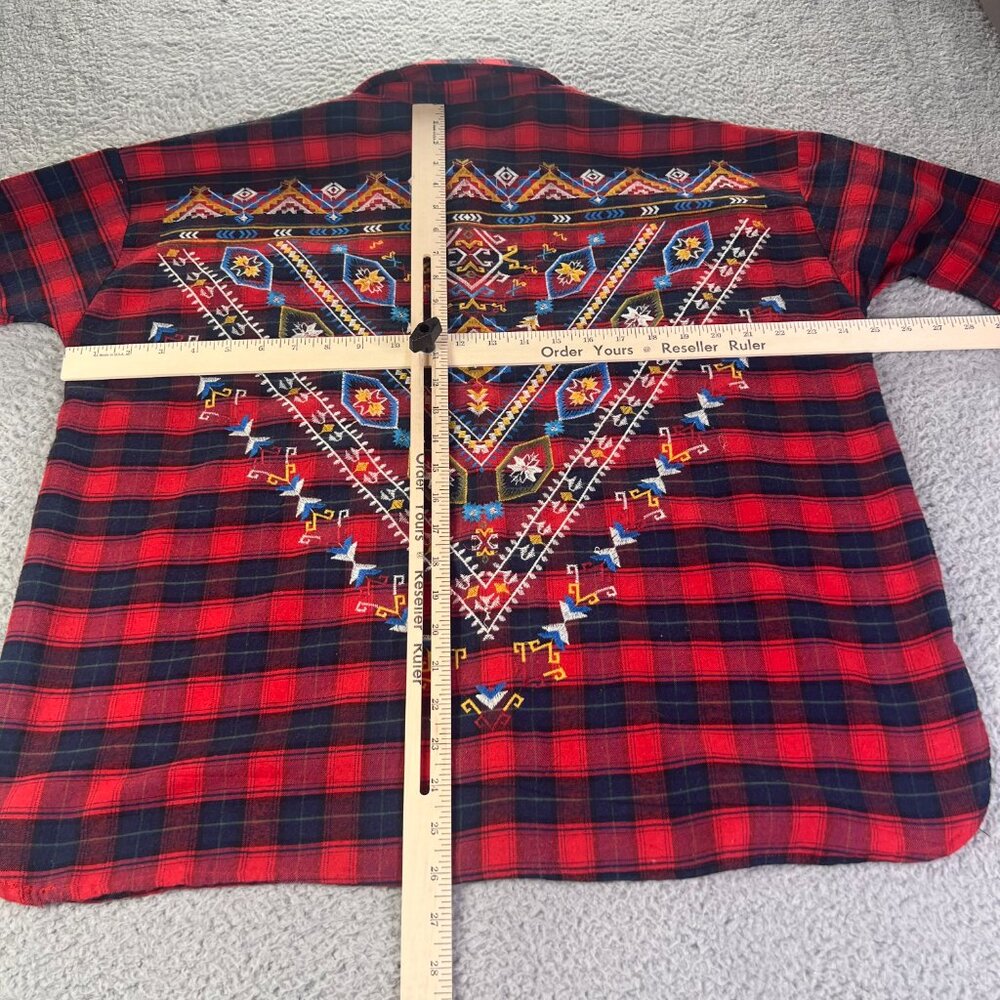 Umgee USA Top Womens Small Red Plaid Embroidered Flannel Button Aztec Western - Picture 3 of 9